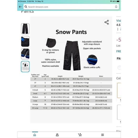 Amazon Essentials Boy’s Waterproof Snow Pants Size Large NWT - Picture 4 of 5